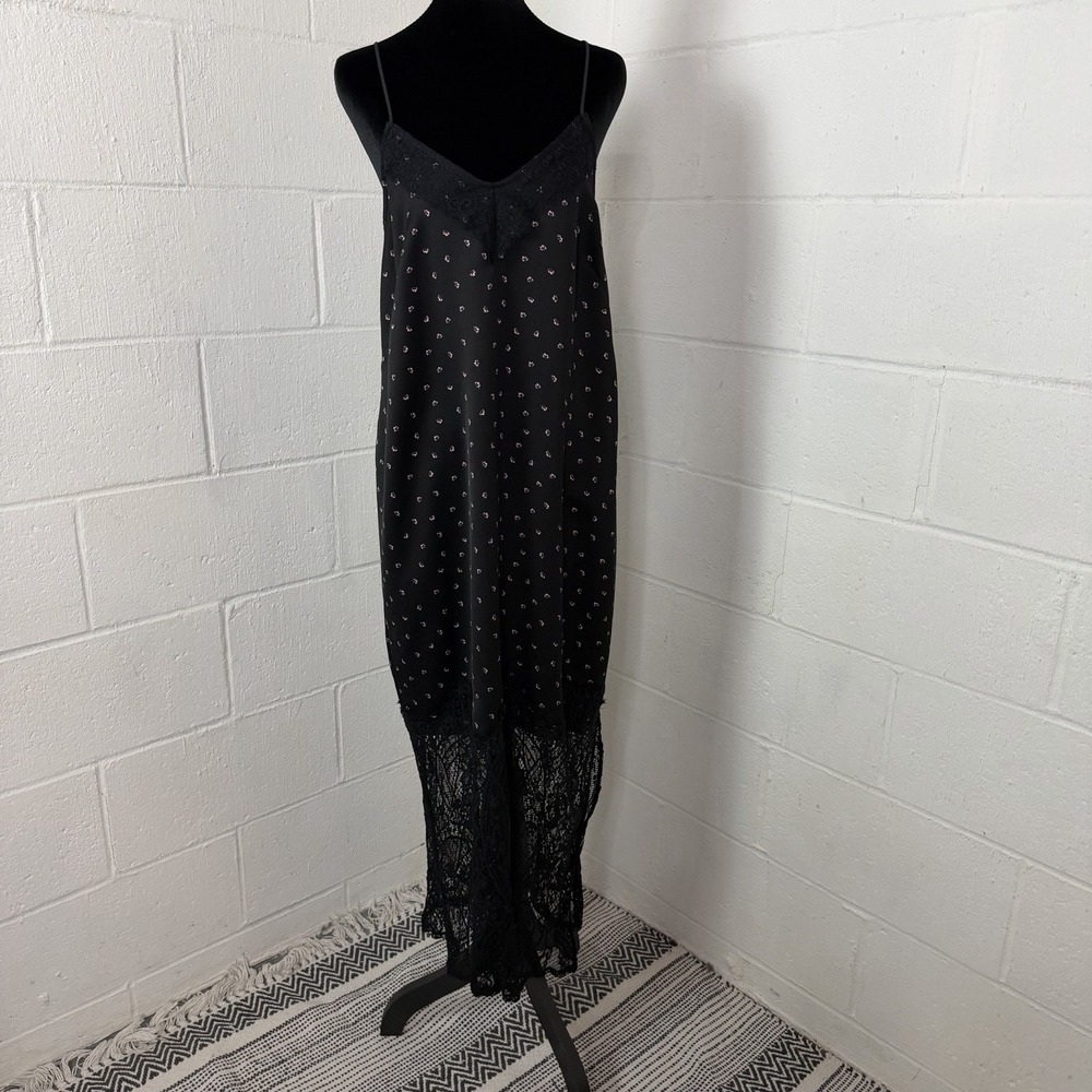 Maxi Slip Dress Black Floral V-Neck Lace Romantic Dark Fairy Grunge Whimsigoth L